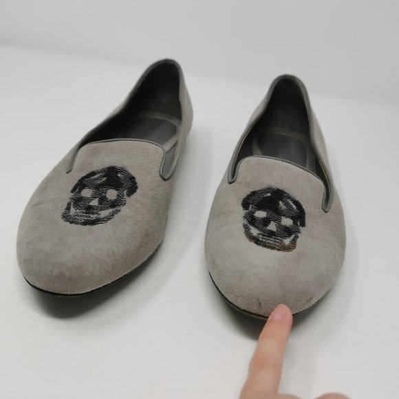 Alexander McQueen Grey Suede Flats Loafers With Sequin Skulls - Picture 10 of 10